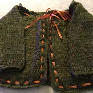Green and Orange Handmade Knitted Baby Jacket Sweater - New